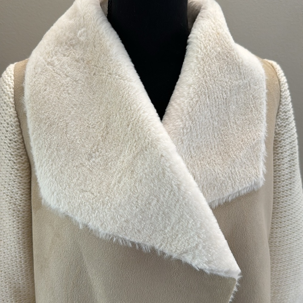 FEVER‎ women’s cascade collar beige faux suede Sherpa knit jacket size small - Picture 2 of 7
